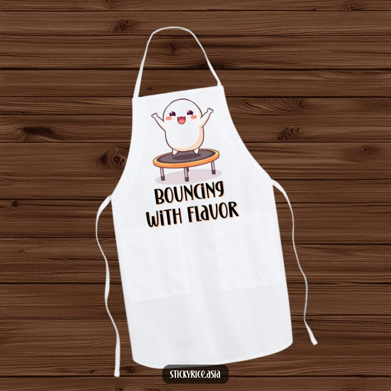 Funny apron with a cheerful sticky rice dumpling bouncing energetically on a trampoline, ideal for a joyful cooking experience.