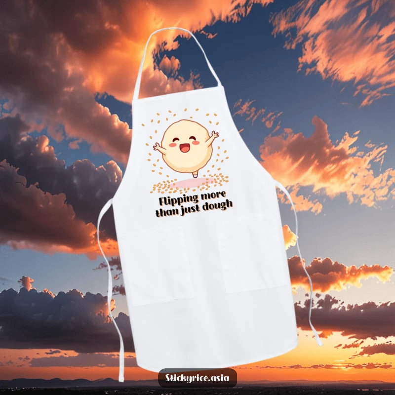 Funny sticky rice dumpling apron, demonstrating a cartwheel amidst sesame seeds, perfect for a fun-loving cook in the kitchen.