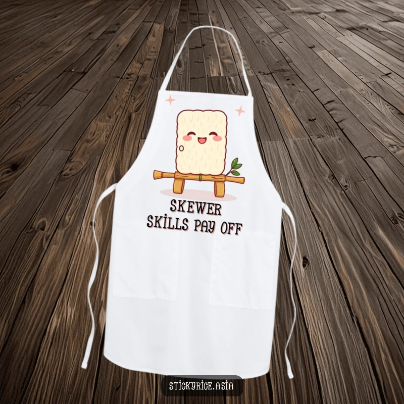 Funny sticky rice square apron, skipping energetically with a bamboo skewer rope, ideal for a playful and happy kitchen.