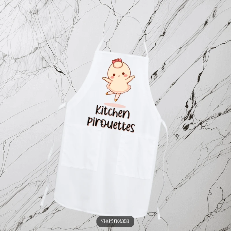 Funny apron featuring a wobbly mochi character attempting a ballet pirouette, perfect for a humorous cooking experience.