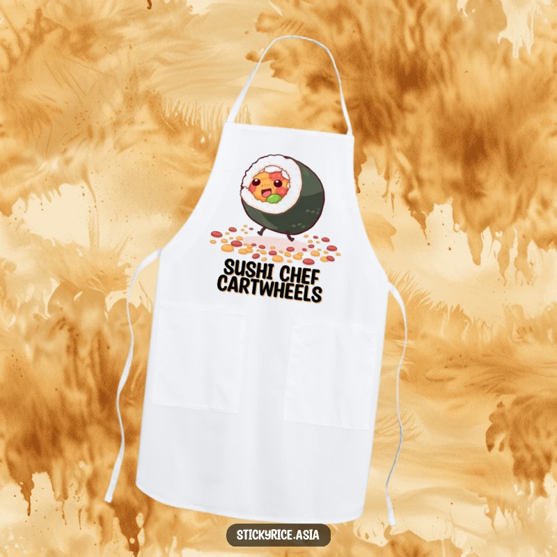 Funny Apron with a giddy sushi roll character with tiny legs doing a cartwheel, showcasing humorous dedication to culinary arts with a sushi twist.