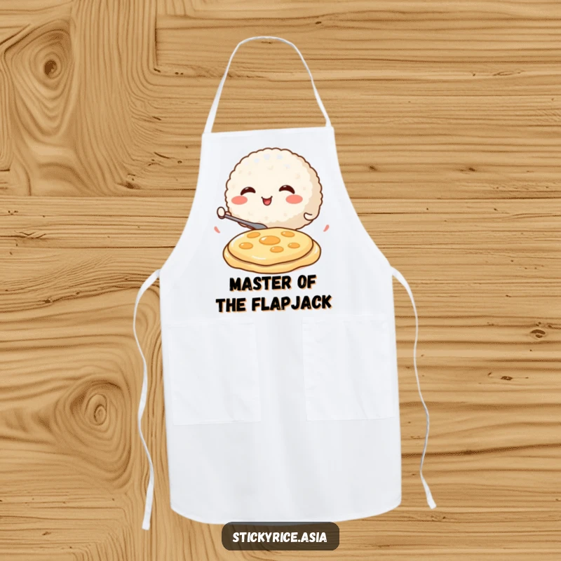 Funny Apron with a round, smiling rice ball character enthusiastically flipping a miniature pancake, showcasing humorous dedication to culinary arts.