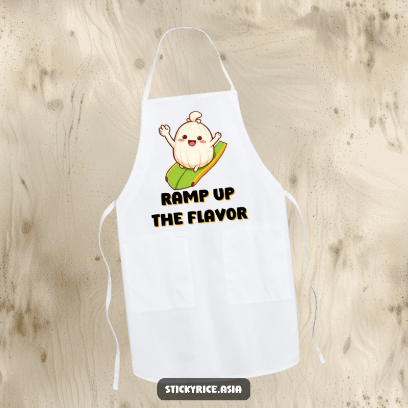 Funny Apron: Waving sticky rice clump sliding down a banana leaf ramp, ideal for humorous and joyful kitchen activities.