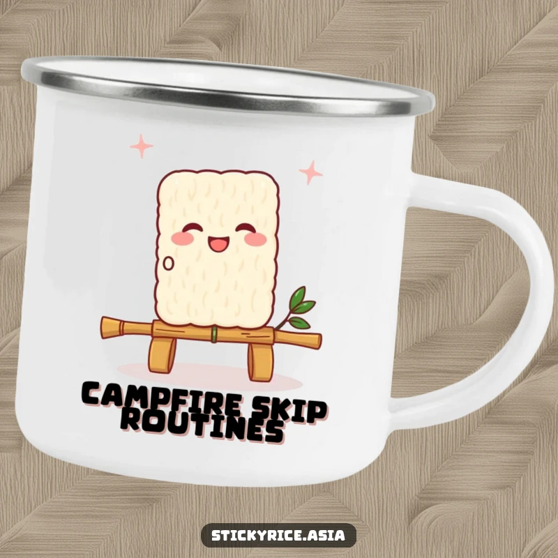 Funny sticky rice square camping mug, skipping a bamboo skewer rope, embodying outdoor fun and portable cheer.