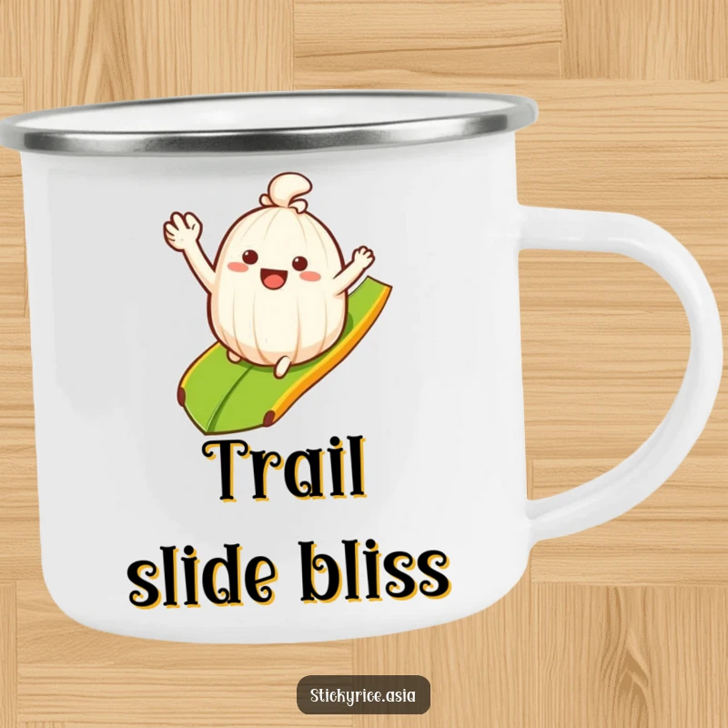 Funny Camping Mug: Waving sticky rice clump sliding down a banana leaf ramp, evoking humor and easy-going outdoor fun.