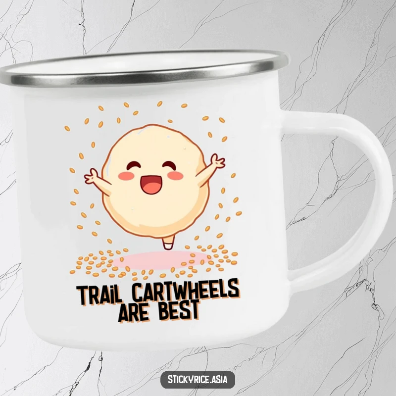 Funny sticky rice dumpling camping mug, doing a cartwheel with sesame seeds, ready for outdoor fun and laughter.