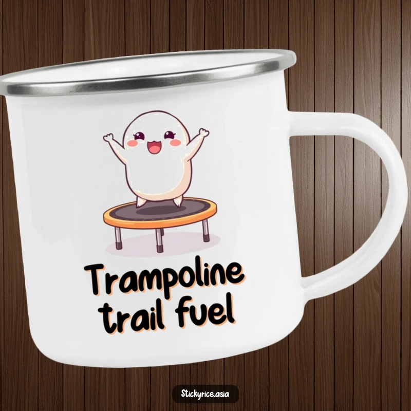 Funny camping mug with a cheerful sticky rice dumpling gleefully bouncing on a trampoline, ready for outdoor adventures and laughs.