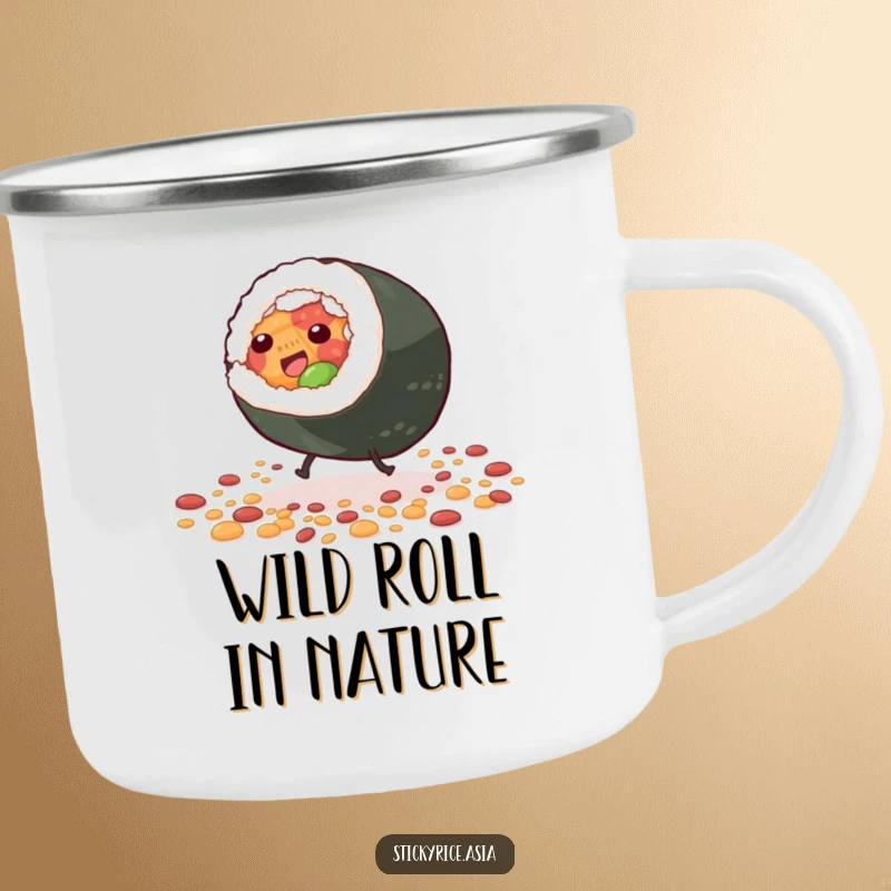 Funny Camping Mug featuring a giddy sushi roll character with tiny legs doing a cartwheel amidst scattered grains, perfect for sipping coffee with sushi humor outdoors.