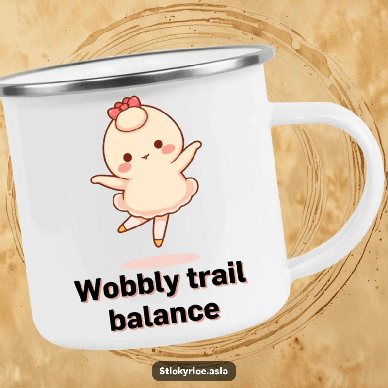 Funny camping mug with a wobbly mochi character attempting a ballet pirouette, ready for outdoor fun and laughs.