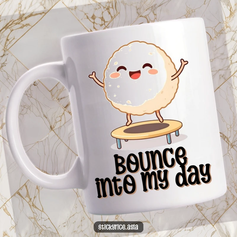 Funny Mug: Smiling sticky rice ball with tiny legs joyfully bouncing high on a trampoline, embodying pure fun and humor.