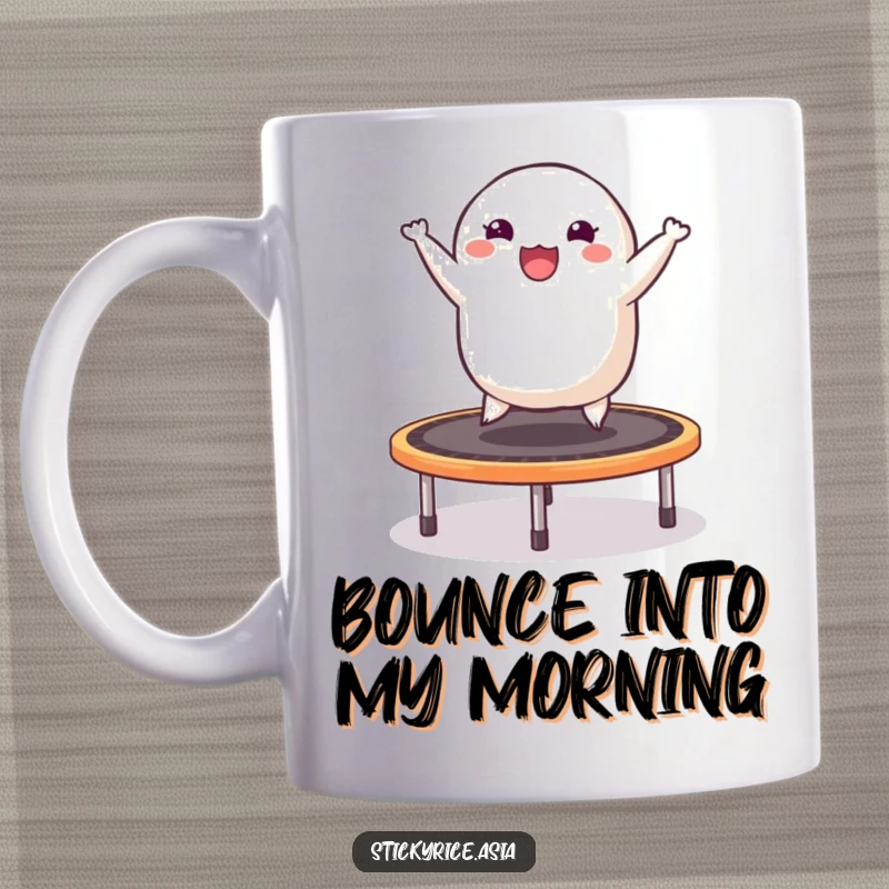Funny sticky rice dumpling mug of a cheerful dumpling enthusiastically bouncing high on a trampoline, pure joy and energy.