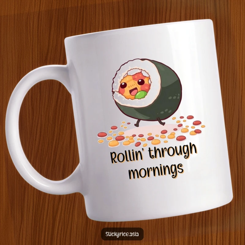 Funny Mug featuring a giddy sushi roll character with tiny legs doing a cartwheel energetically amidst scattered grains of rice.