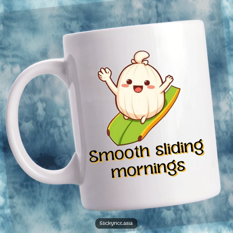 Funny Mug: Waving sticky rice clump happily sliding down a banana leaf ramp, embodying cheerful fun and deliciousness.