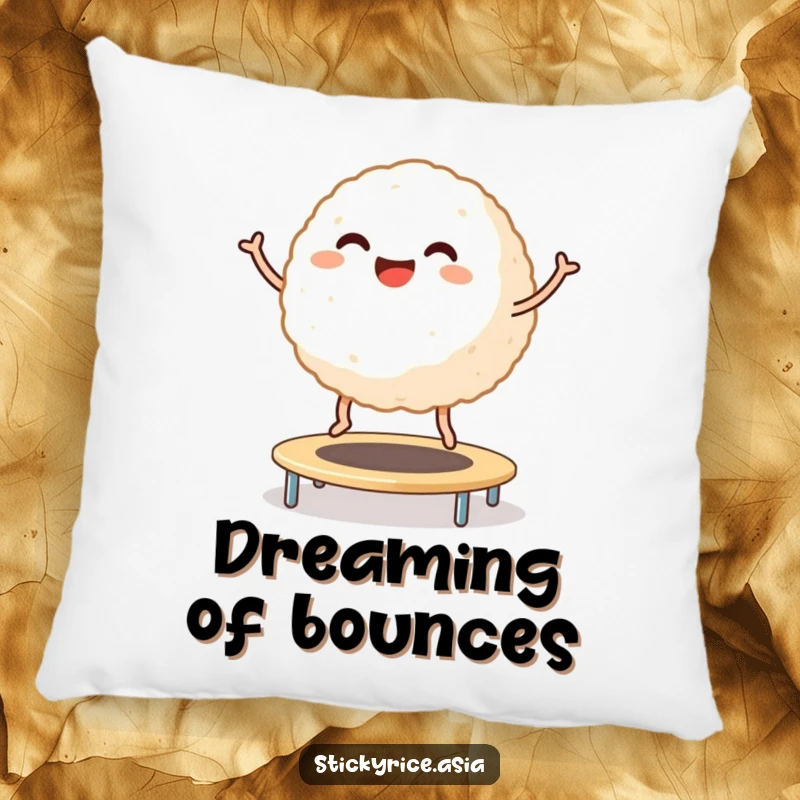 Funny Pillow: Smiling sticky rice ball with tiny legs joyfully bouncing on a trampoline, bringing cheerful humor to home decor.