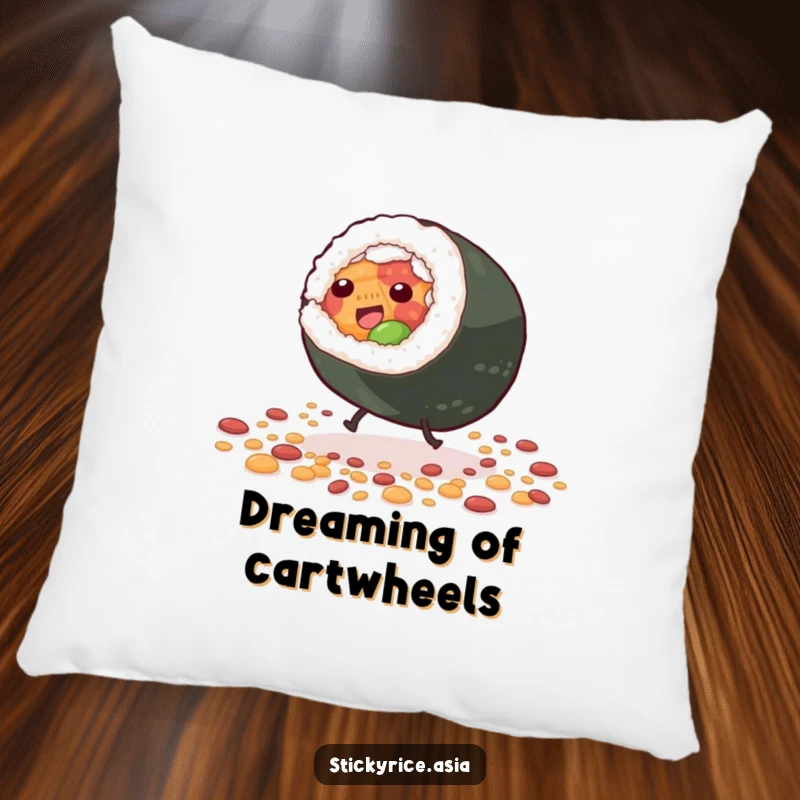 Funny Pillow with a giddy sushi roll character with tiny legs doing a cartwheel amidst scattered grains, adding a touch of humorous, sushi comfort.