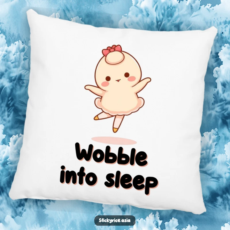 Funny pillow with a wobbly mochi character attempting a ballet pirouette, designed for comfort and amusement.