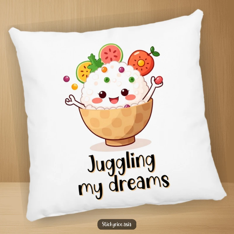 Funny Pillow: Jiggly sticky rice bowl with tiny arms juggling colorful fruit, bringing cheerful, vibrant humor to home decor.