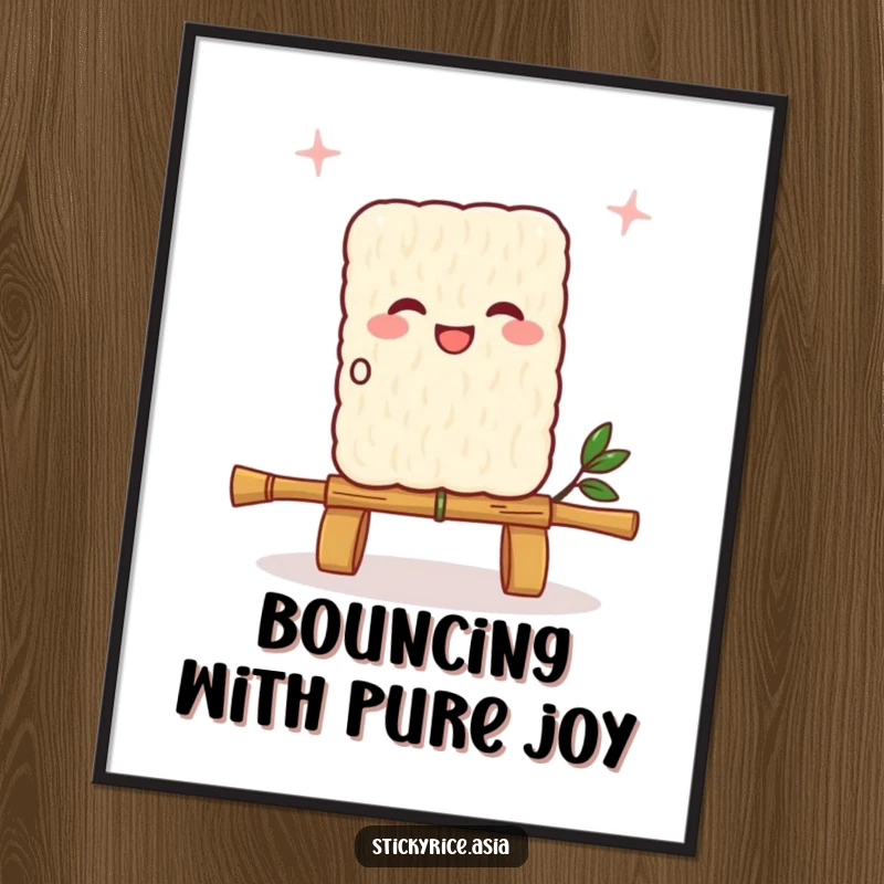 Funny sticky rice square digital art, joyfully skipping a bamboo skewer rope, radiating happiness and playful foodie charm.