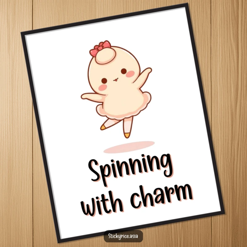 Funny digital art print of a wobbly mochi character attempting a ballet pirouette, capturing humorous effort and endearing awkwardness.