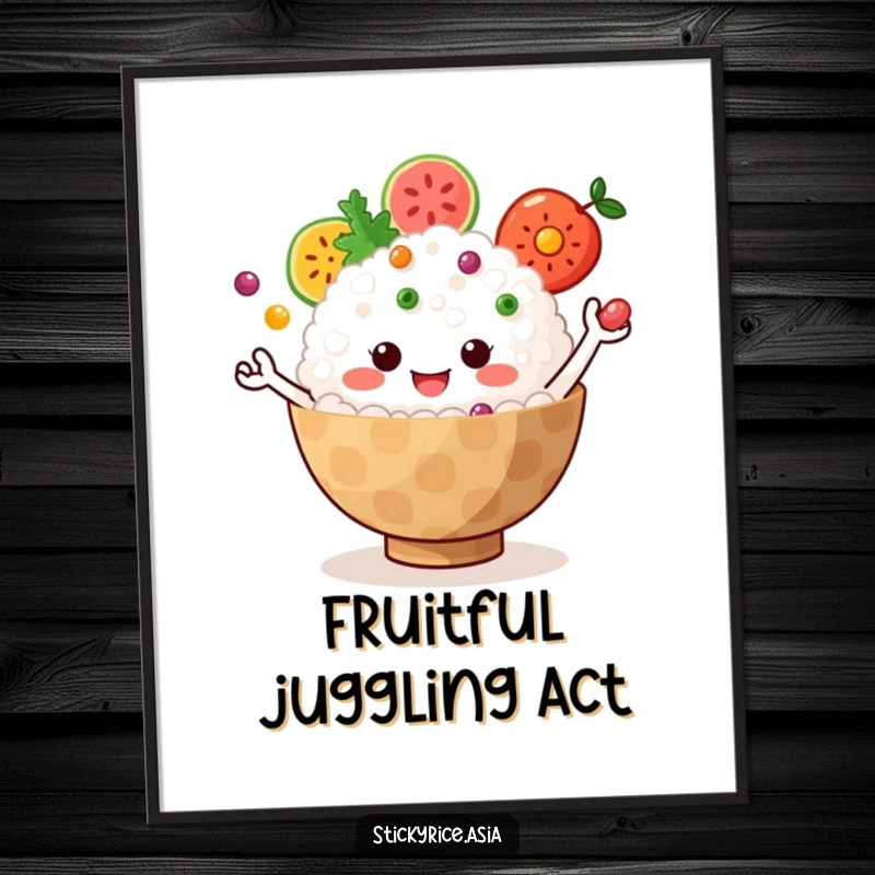 Funny Digital Art Print: Jiggly sticky rice bowl with tiny arms juggling colorful fruit, offering humorous and vibrant wall decor.