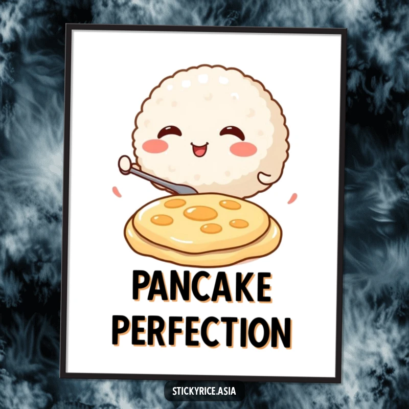 Funny Digital Art Print of a round, smiling rice ball character enthusiastically flipping a miniature pancake, capturing a humorous and energetic breakfast scene.