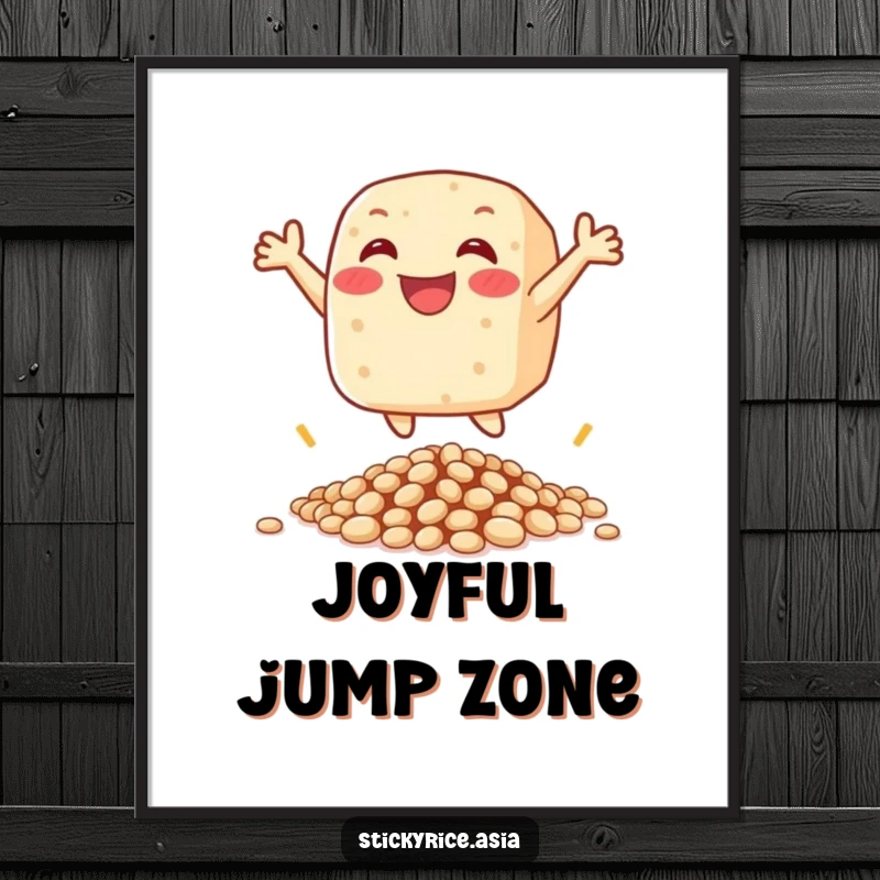 Funny digital art print of a happy sticky rice cake character leaping with joy over beans, capturing pure delight.
