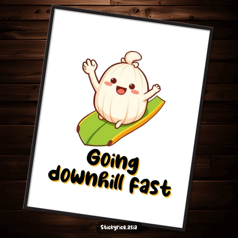 Funny Digital Art Print: Waving sticky rice clump happily sliding down a banana leaf ramp, offering humorous and smooth wall decor.