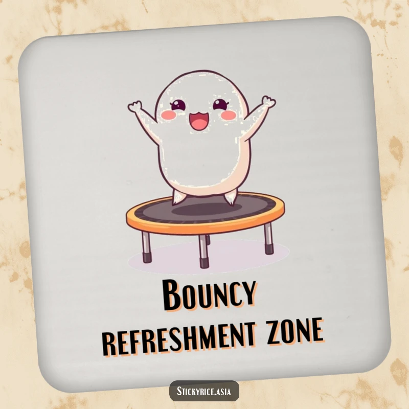 Funny drink coasters featuring a sticky rice dumpling happily bouncing on a trampoline, protecting surfaces with a smile.