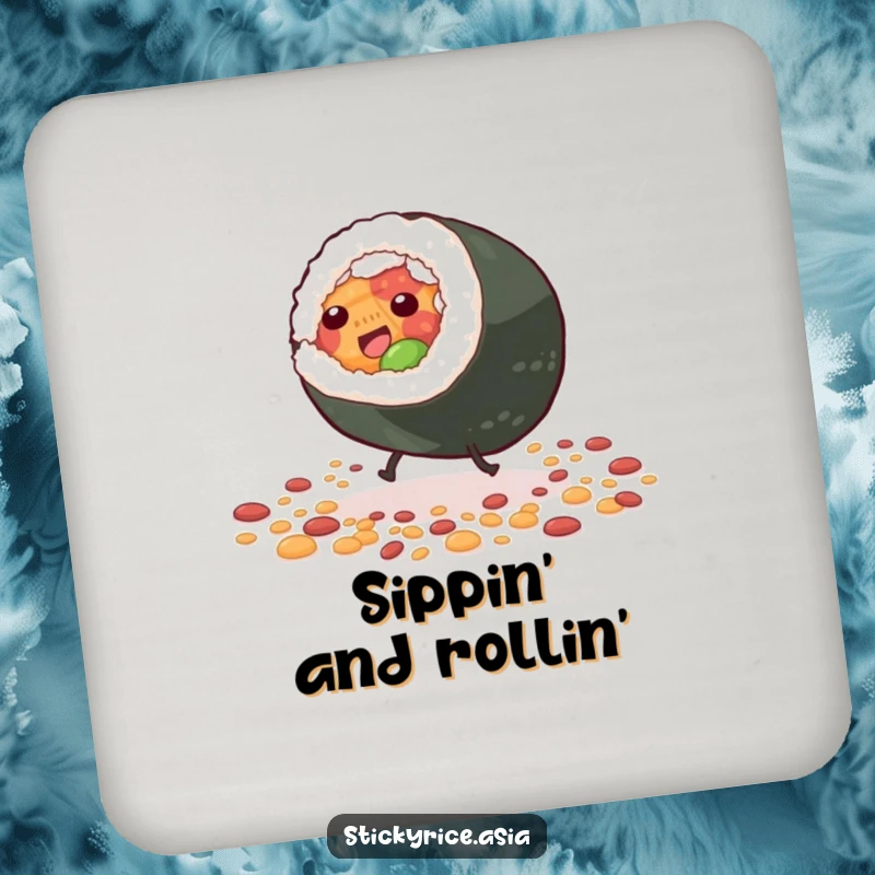 Funny Drink Coaster with a giddy sushi roll character with tiny legs doing a cartwheel amidst scattered grains, providing humorous surface protection.