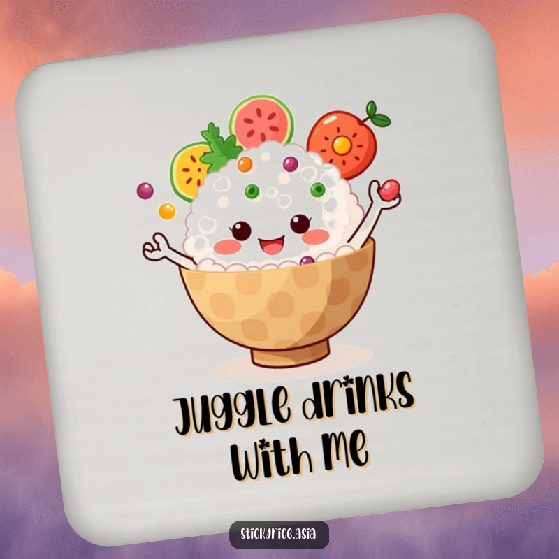 Funny Coaster: Jiggly sticky rice bowl with tiny arms juggling colorful fruit, providing humorous protection and vibrant, fun art.