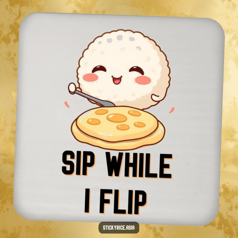 Funny Drink Coaster with a round, smiling rice ball character enthusiastically flipping a miniature pancake, providing humorous surface protection.