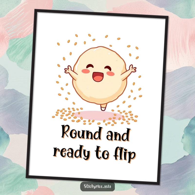 Funny sticky rice dumpling poster, in mid-cartwheel motion with sesame seeds flying, celebrating athletic fun and tasty treats.