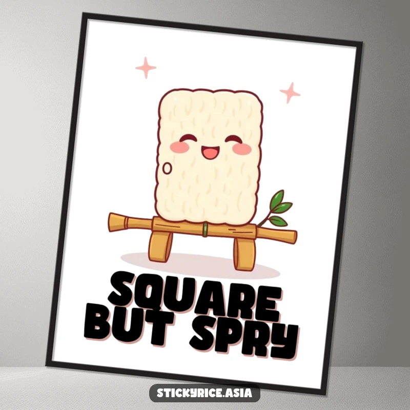 Funny sticky rice square poster, skipping a bamboo skewer rope, bringing vibrant energy and cheerful vibes to wall decor.