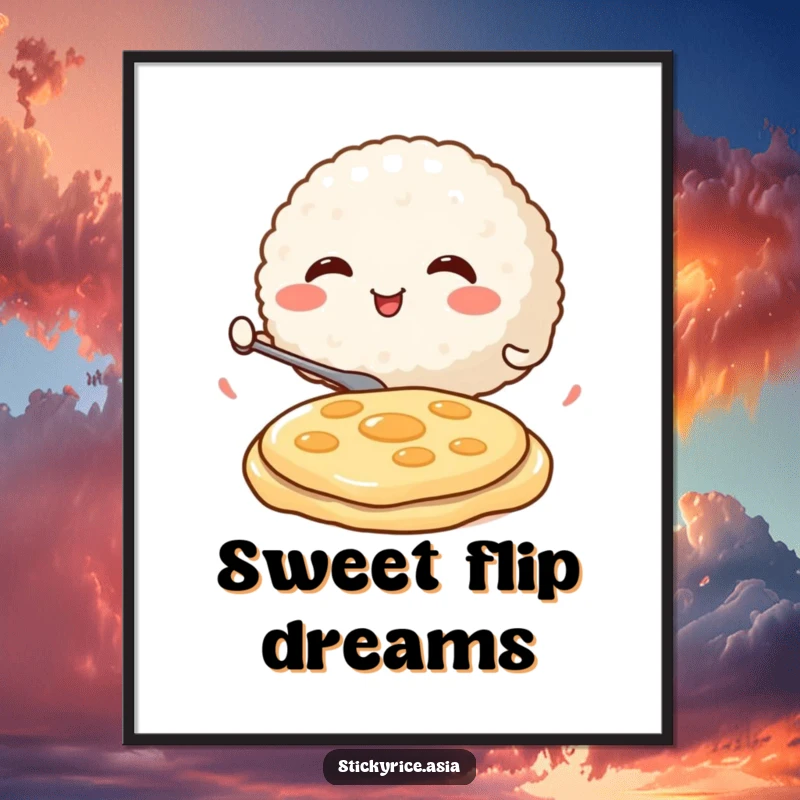 Funny Poster showing a round, smiling rice ball character enthusiastically flipping a miniature pancake, capturing a humorous and energetic breakfast scene.
