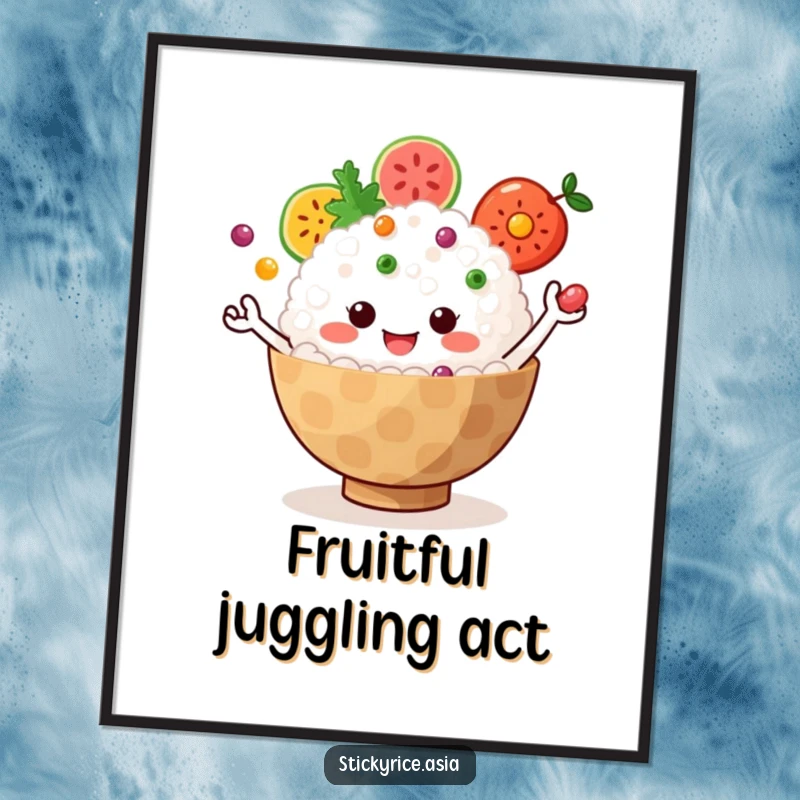 Funny Poster: Jiggly sticky rice bowl with tiny arms juggling colorful fruit, embodying vibrant joy and humorous artwork.