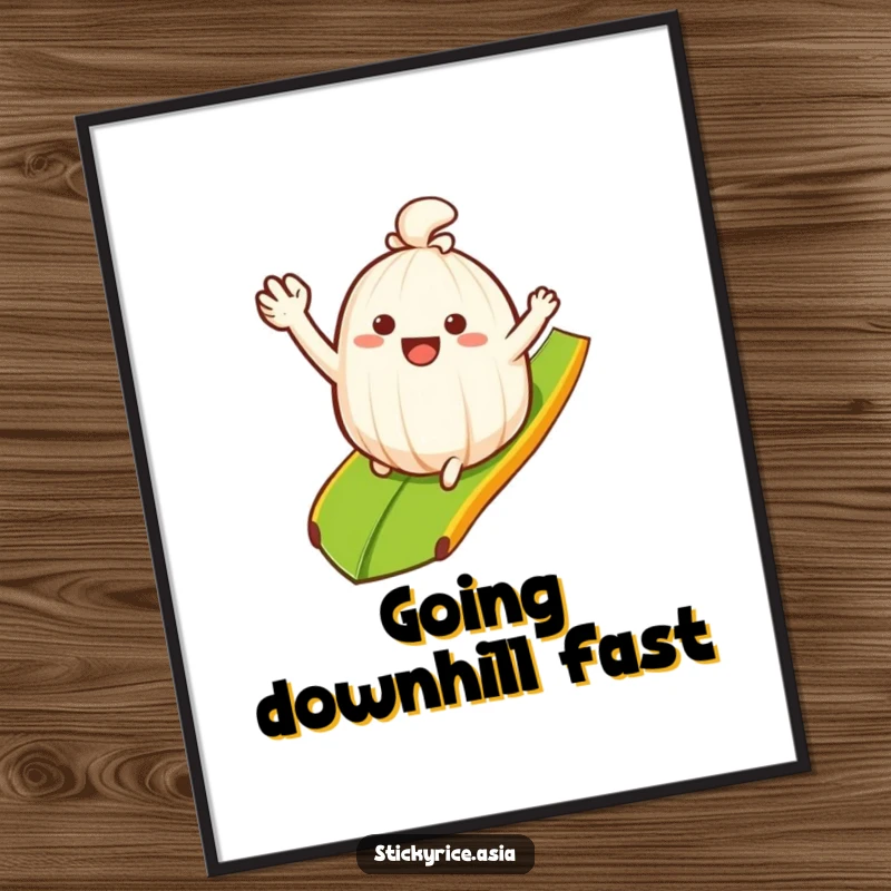 Funny Poster: Waving sticky rice clump happily sliding down a banana leaf ramp, embodying carefree joy and humorous artwork.