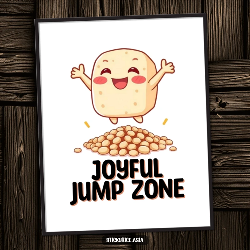 Funny poster of a happy sticky rice cake character leaping with joy over a pile of beans, full of vibrant happiness.