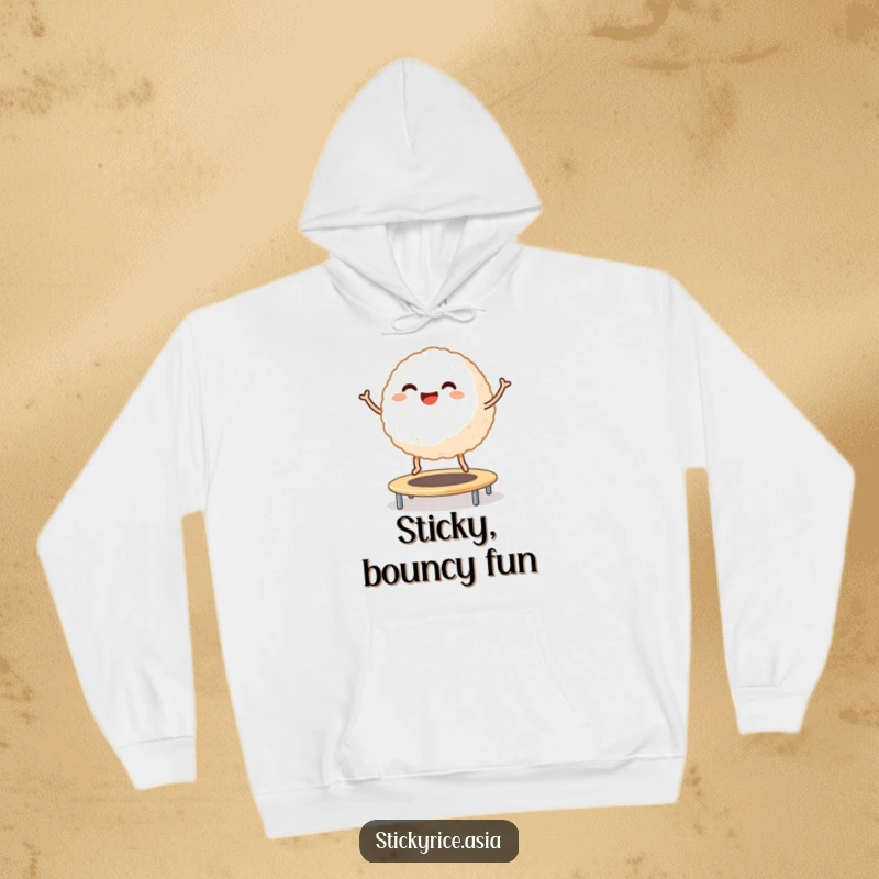 Funny Hoodie: Smiling sticky rice ball with tiny legs bouncing energetically on a trampoline, offering warmth and hilarious fun.
