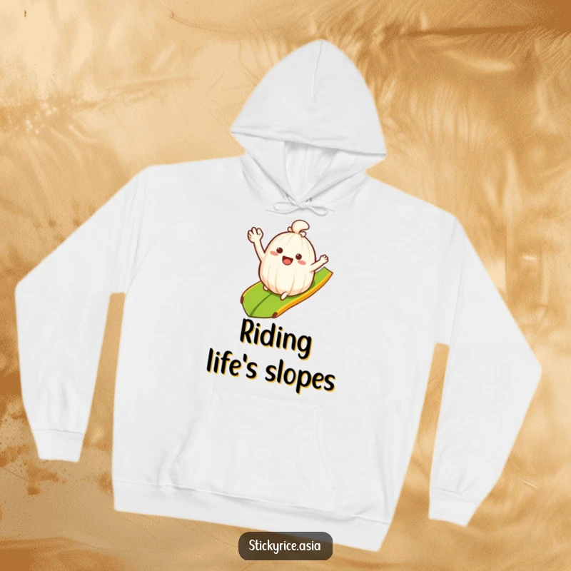 Funny Hoodie: Waving sticky rice clump sliding happily down a banana leaf ramp, offering warmth and hilarious seaside fun.
