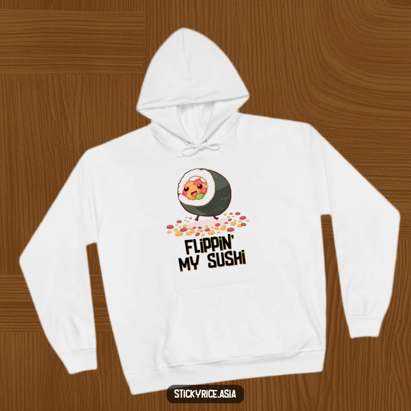Funny Hoodie with a giddy sushi roll character with tiny legs doing a cartwheel amidst scattered grains, radiating fun and sushi spirit.