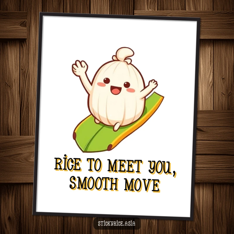 Funny Free Printable Wall Art: Waving sticky rice clump happily sliding down a bananaleaf ramp, a humorous and smooth decorative piece.