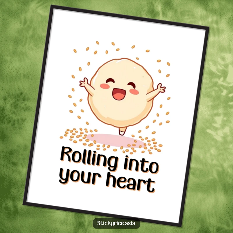Funny Free Printable Wall Art: A jubilant sticky rice dumpling cartwheeling energetically amidst a playful shower of sesame seeds.