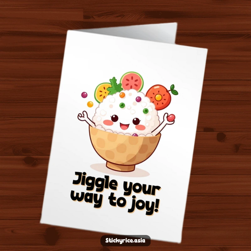 Funny Free Printable Birthday Card: Jiggly sticky rice bowl with little arms juggling colorful fruit, celebrating birthday with fruity humor.
