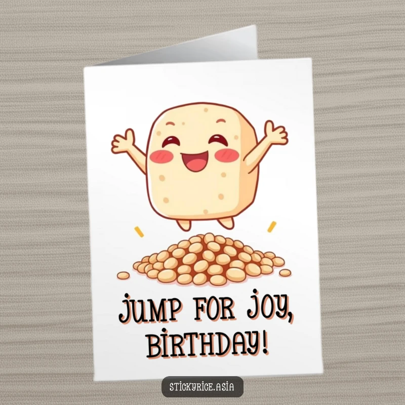 Funny free printable birthday card of a happy sticky rice cake character leaping joyfully over a small pile of beans.