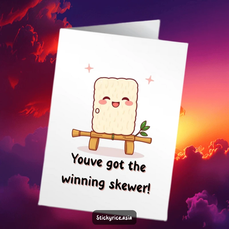 Funny Free Printable Congratulations card depicting a gleeful sticky rice square skipping rope using a bamboo skewer.