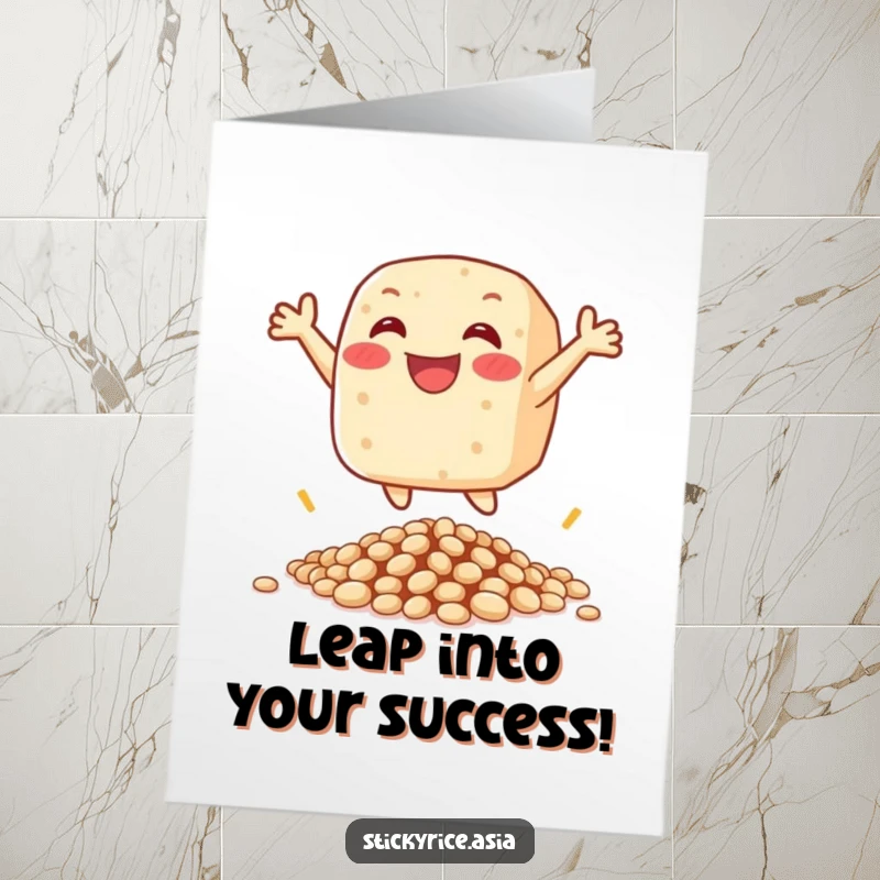 Funny free printable congratulations card featuring a happy sticky rice cake character leaping exuberantly over a small pile of beans.