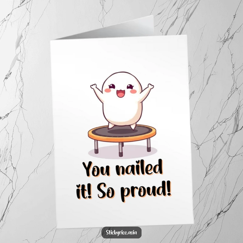 Funny free printable congratulations card featuring a happy sticky rice dumpling bouncing energetically on a trampoline.