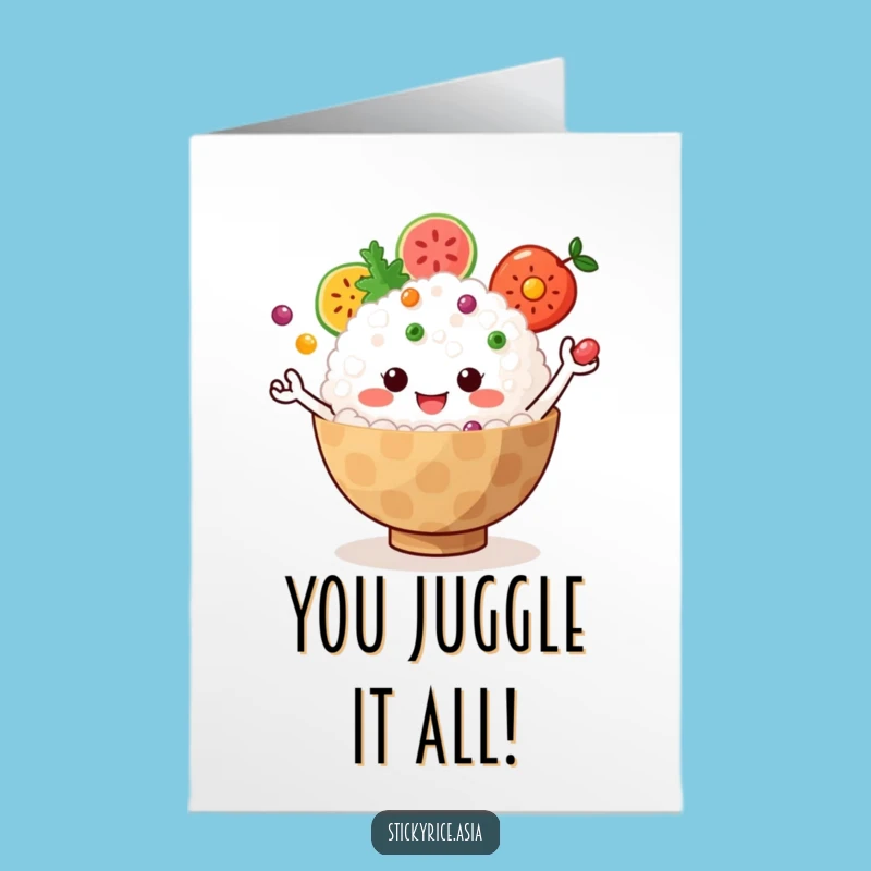 Free Printable Funny Rice Bowl Congrats Card: Juggling Success - Hilarious Downloadable Gift!