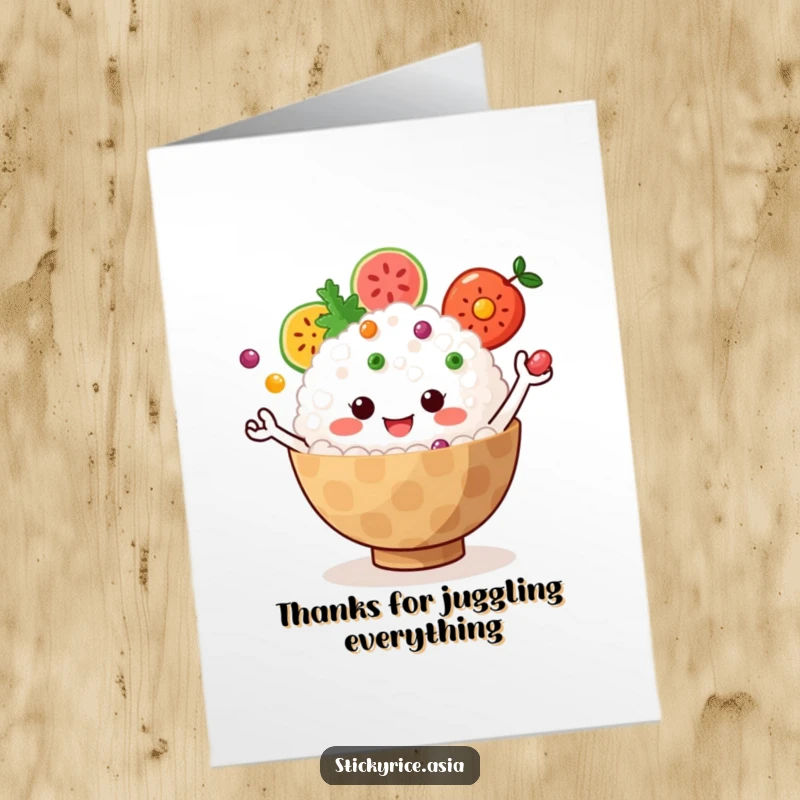 Funny Free Printable Thank You Card: Jiggly sticky rice bowl with little arms juggling colorful fruit, expressing thanks with fruity humor.