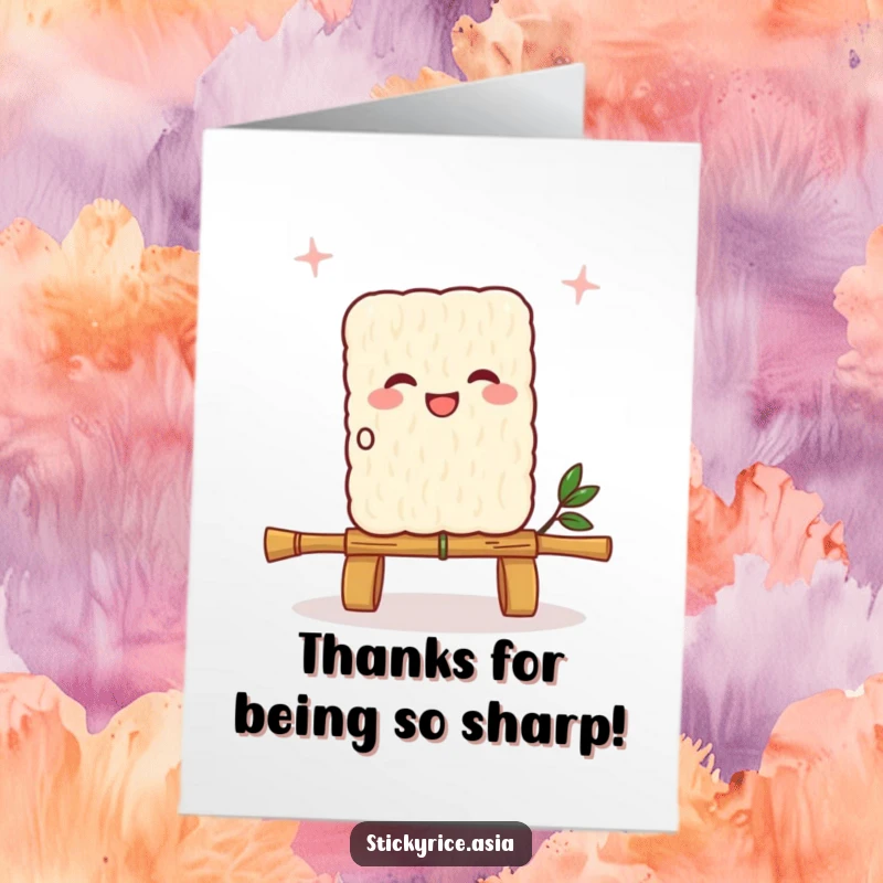 Funny Free Printable Thank You card featuring a lively sticky rice square joyfully skipping rope made from a bamboo skewer.